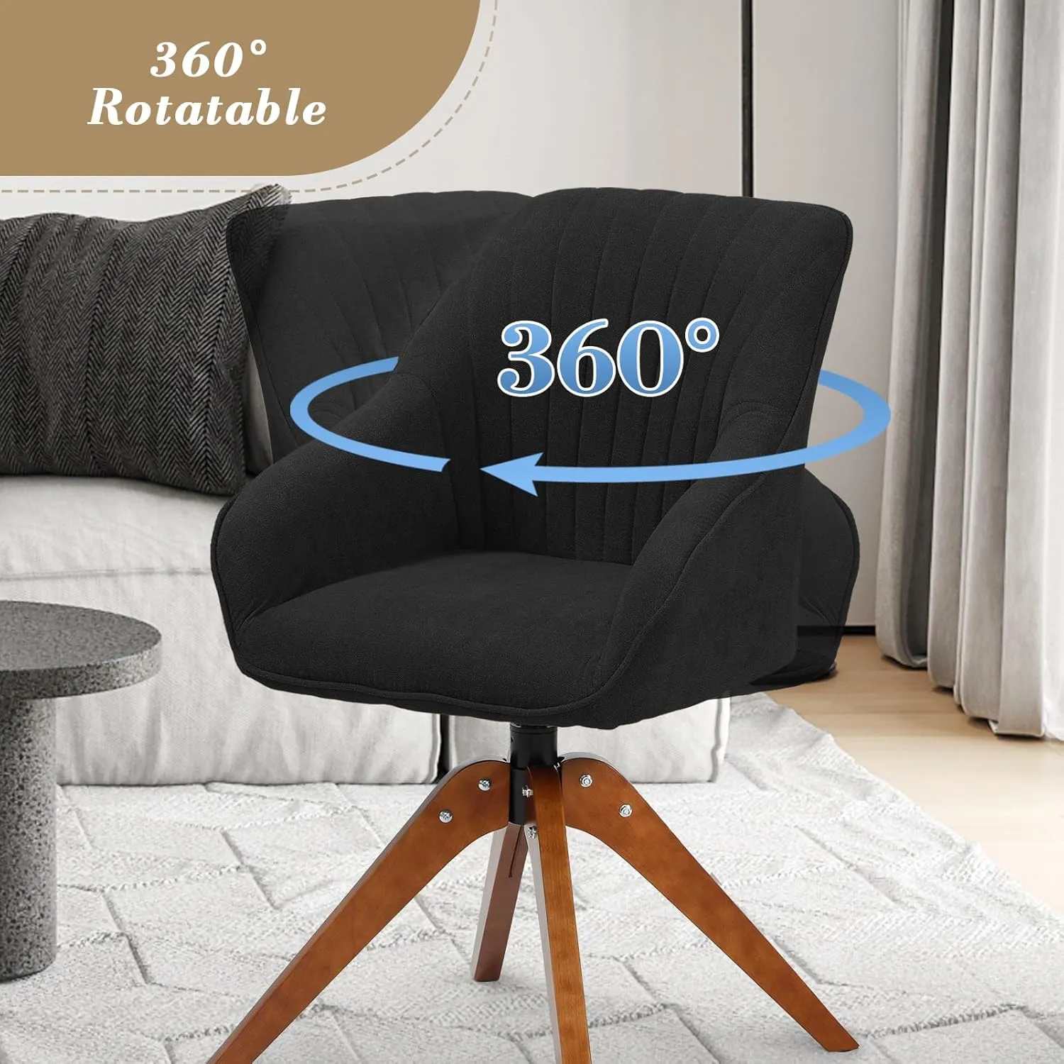 Athena Collection Modern Accent Chair, Comfy Swivel Reading Chair for Adults, Soft Upholstered Fabric Armchair with Wooden Legs for Living Room, Bedroom, Dorm, Office, Black