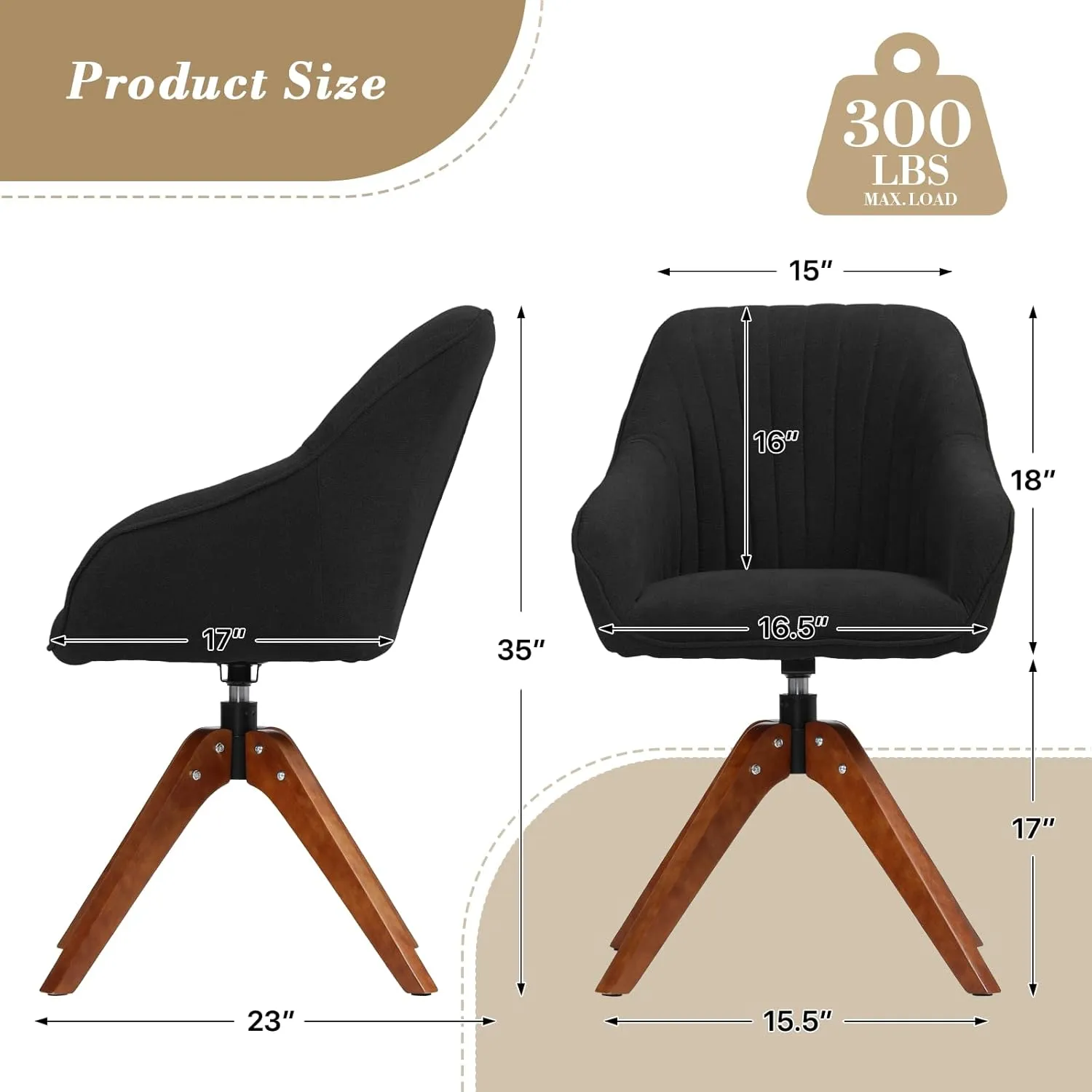 Athena Collection Modern Accent Chair, Comfy Swivel Reading Chair for Adults, Soft Upholstered Fabric Armchair with Wooden Legs for Living Room, Bedroom, Dorm, Office, Black