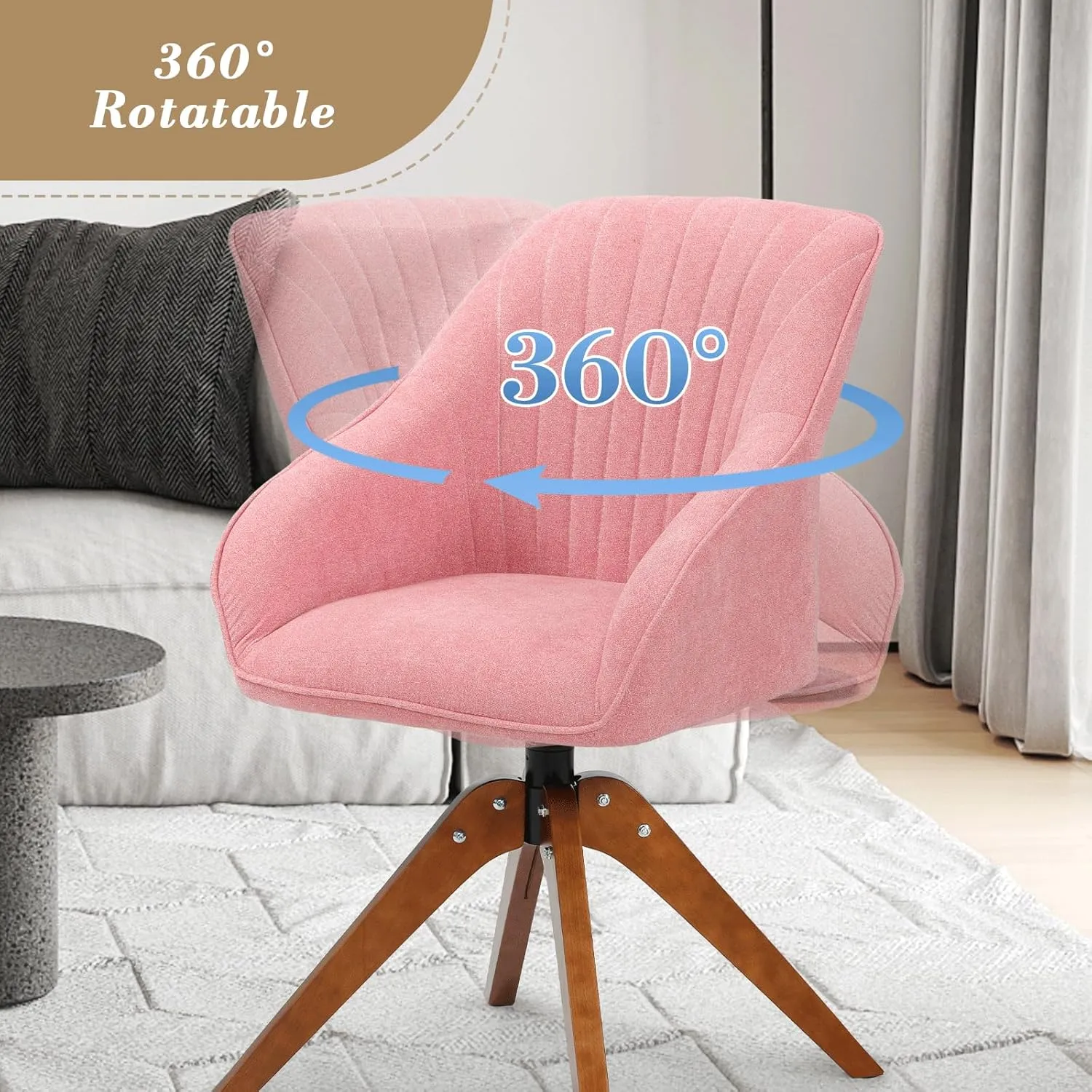 Athena Collection Modern Accent Chair, Comfy Swivel Reading Chair for Adults, Soft Upholstered Fabric Armchair with Wooden Legs for Living Room, Bedroom, Dorm, Office, Pink