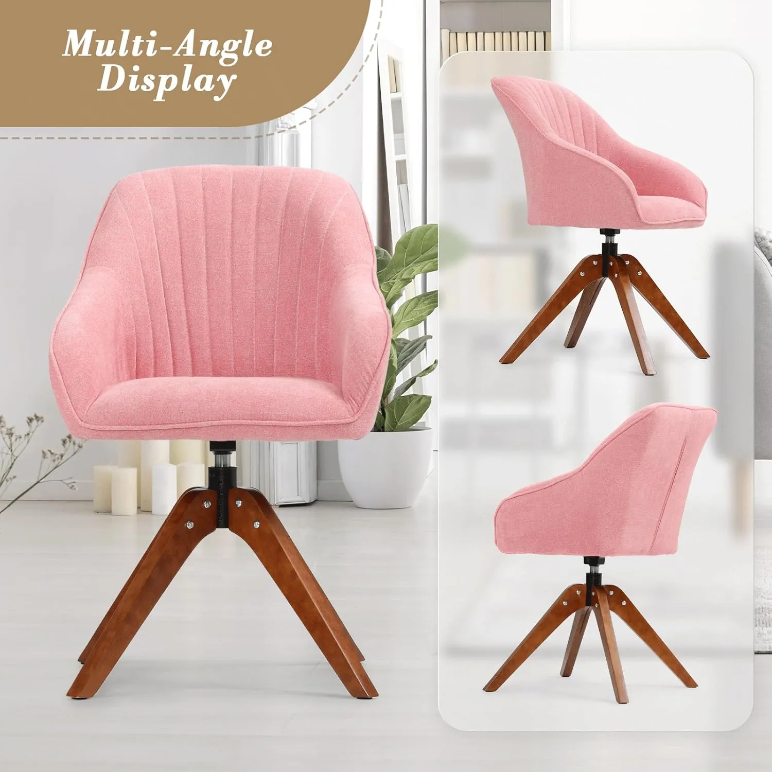 Athena Collection Modern Accent Chair, Comfy Swivel Reading Chair for Adults, Soft Upholstered Fabric Armchair with Wooden Legs for Living Room, Bedroom, Dorm, Office, Pink