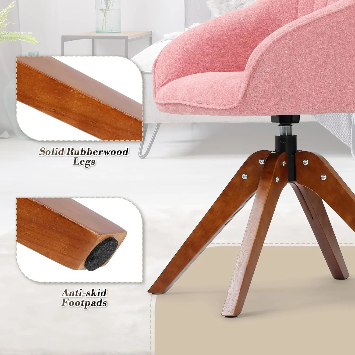 Athena Collection Modern Accent Chair, Comfy Swivel Reading Chair for Adults, Soft Upholstered Fabric Armchair with Wooden Legs for Living Room, Bedroom, Dorm, Office, Pink