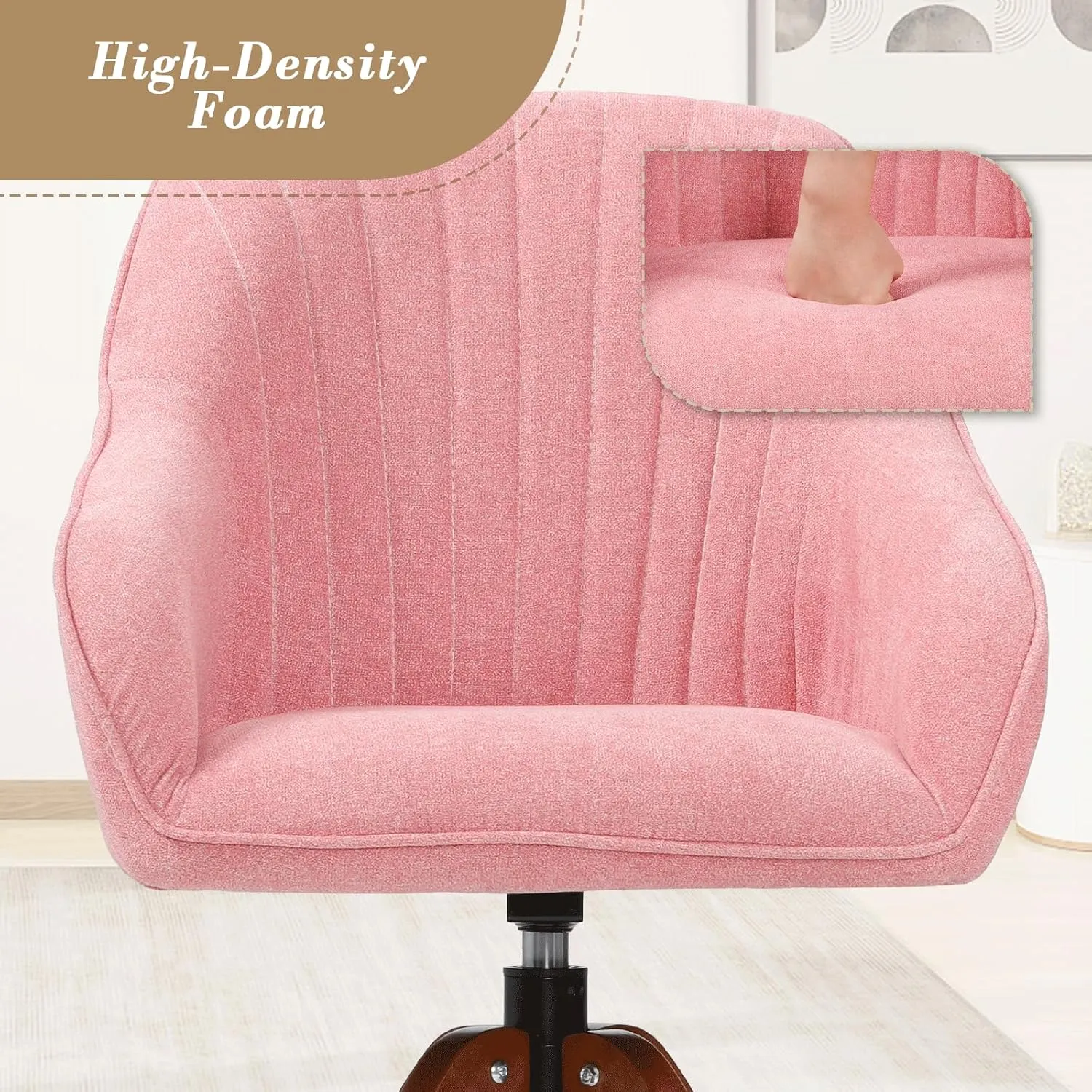 Athena Collection Modern Accent Chair, Comfy Swivel Reading Chair for Adults, Soft Upholstered Fabric Armchair with Wooden Legs for Living Room, Bedroom, Dorm, Office, Pink