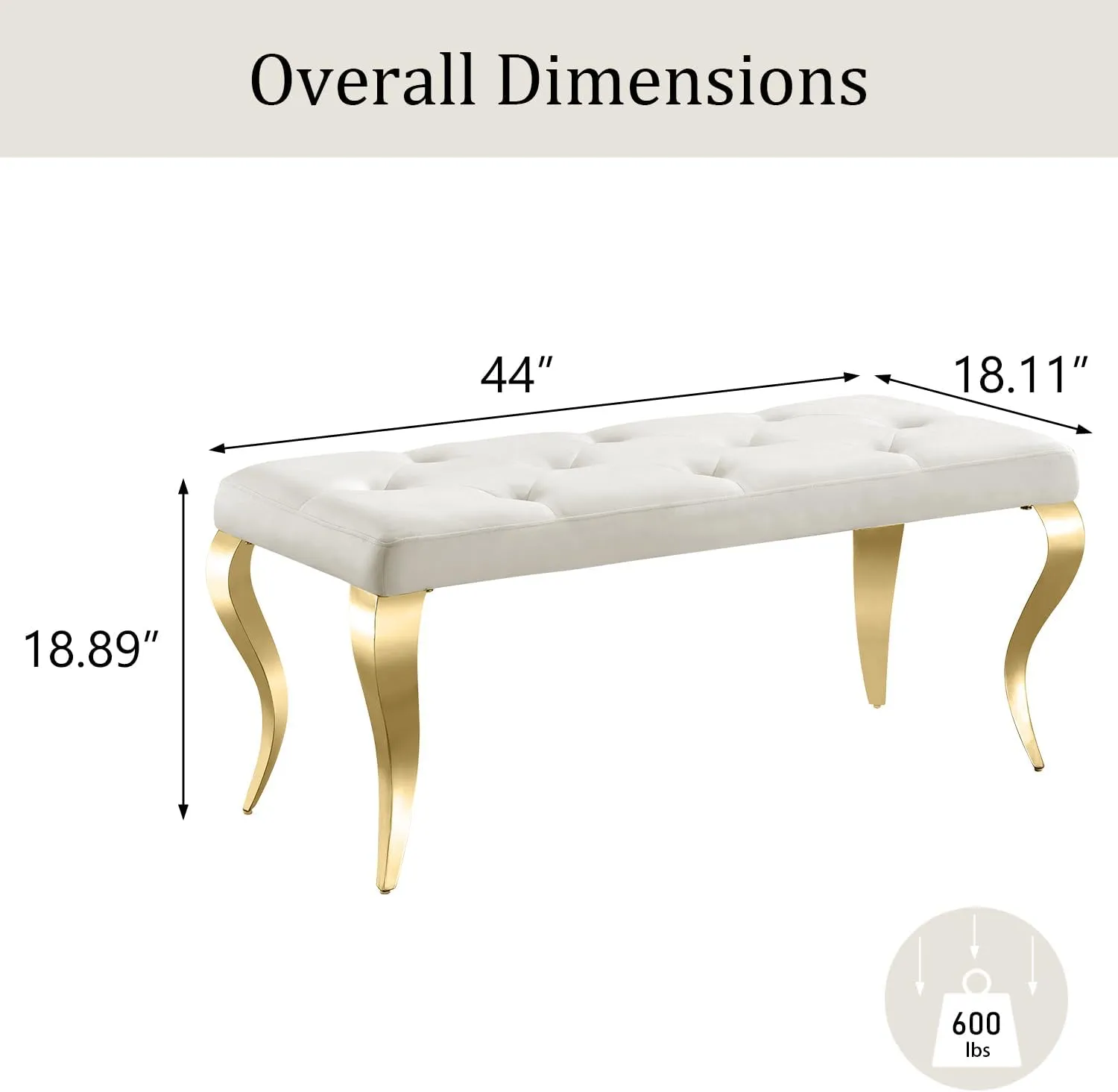 AUZ 44" Beige Velvet Bench, Button Tufted Upholstered Dining Table Bench with Gold Cabriole Legs, White and Gold Upholstered Bench for Dining Room, Kitchen, Bedroom