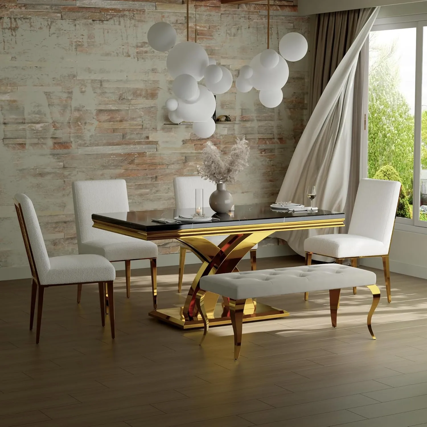 AUZ 44" Beige Velvet Bench, Button Tufted Upholstered Dining Table Bench with Gold Cabriole Legs, White and Gold Upholstered Bench for Dining Room, Kitchen, Bedroom