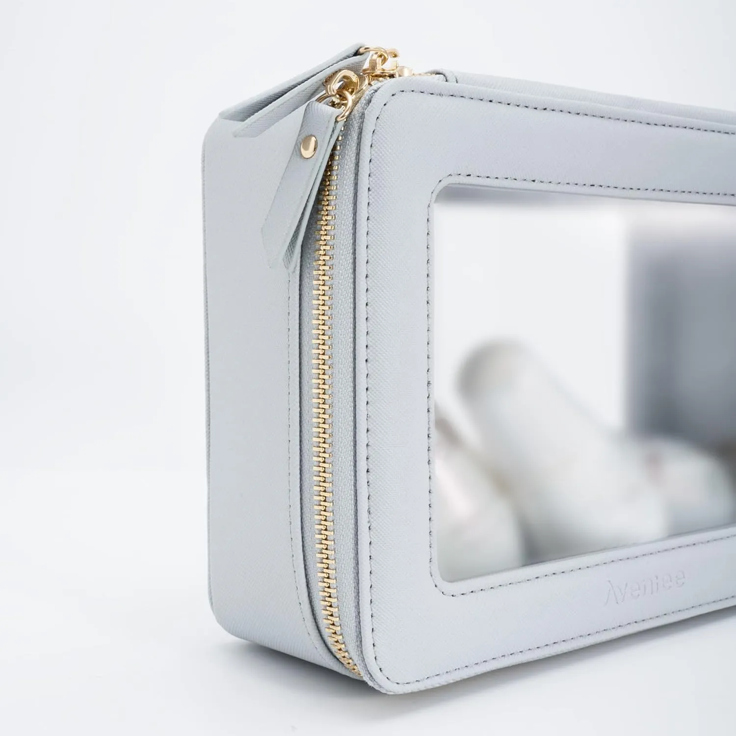 Aveniee Clear Makeup Bag for Women, Clear Cosmetic Bags Travel Toiletry Bag, Heavy Duty Makeup Organizer, Makeup Train Case with Clear Windows & Gold Zippers(Pearl Blue)