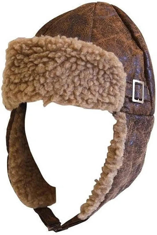 Aviator Pilot Cap Hat Brown w/ Buckle & Faux Fur - Costume Accessory