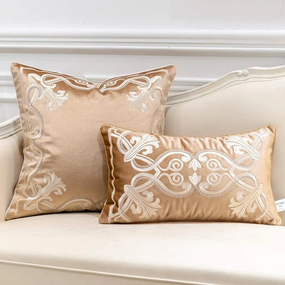 Avigers 20 x 20 Inch European Cushion Cover Luxury Velvet Home Decorative Embroidery Petunias Pillow Case Pillowcase for Sofa Chair Bedroom Living Room, Beige