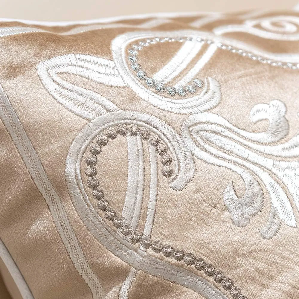 Avigers 20 x 20 Inch European Cushion Cover Luxury Velvet Home Decorative Embroidery Petunias Pillow Case Pillowcase for Sofa Chair Bedroom Living Room, Beige