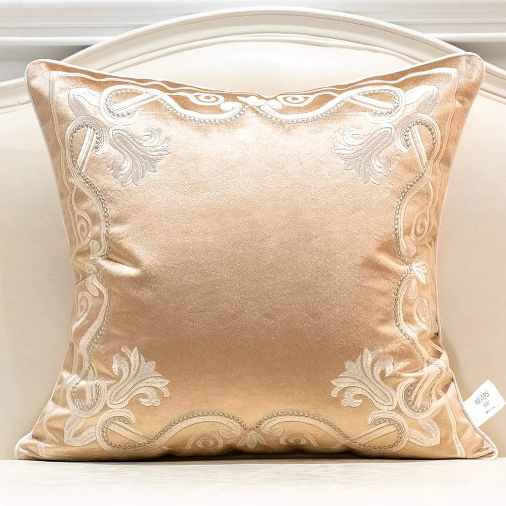 Avigers 20 x 20 Inch European Cushion Cover Luxury Velvet Home Decorative Embroidery Petunias Pillow Case Pillowcase for Sofa Chair Bedroom Living Room, Beige