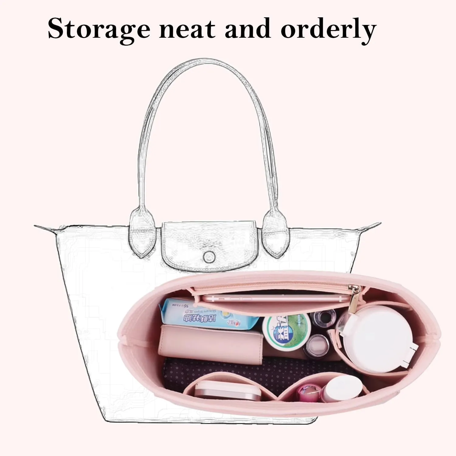 Bag Insert Organizer, purse accessories, Suitable For Longchamp long handle tote organizer (Grey, M（long handle）)