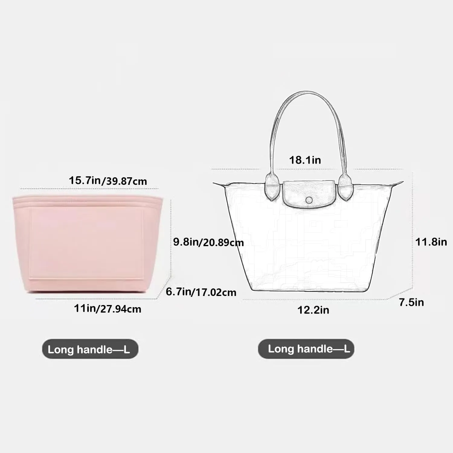 Bag Insert Organizer, purse accessories, Suitable For Longchamp long handle tote organizer (Grey, M（long handle）)