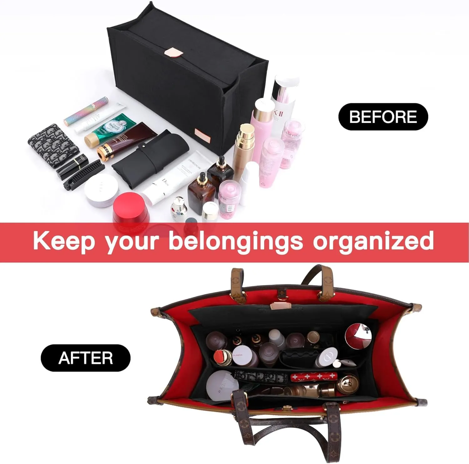 Bag Organizer Insert,Tote Bag Insert For On The Go,Neverfull organizer,Book tote Bag Insert Organizer,Handbag Storage,Tote Bag Felt Insert with Zipper Bag (Black With Cover, XL)