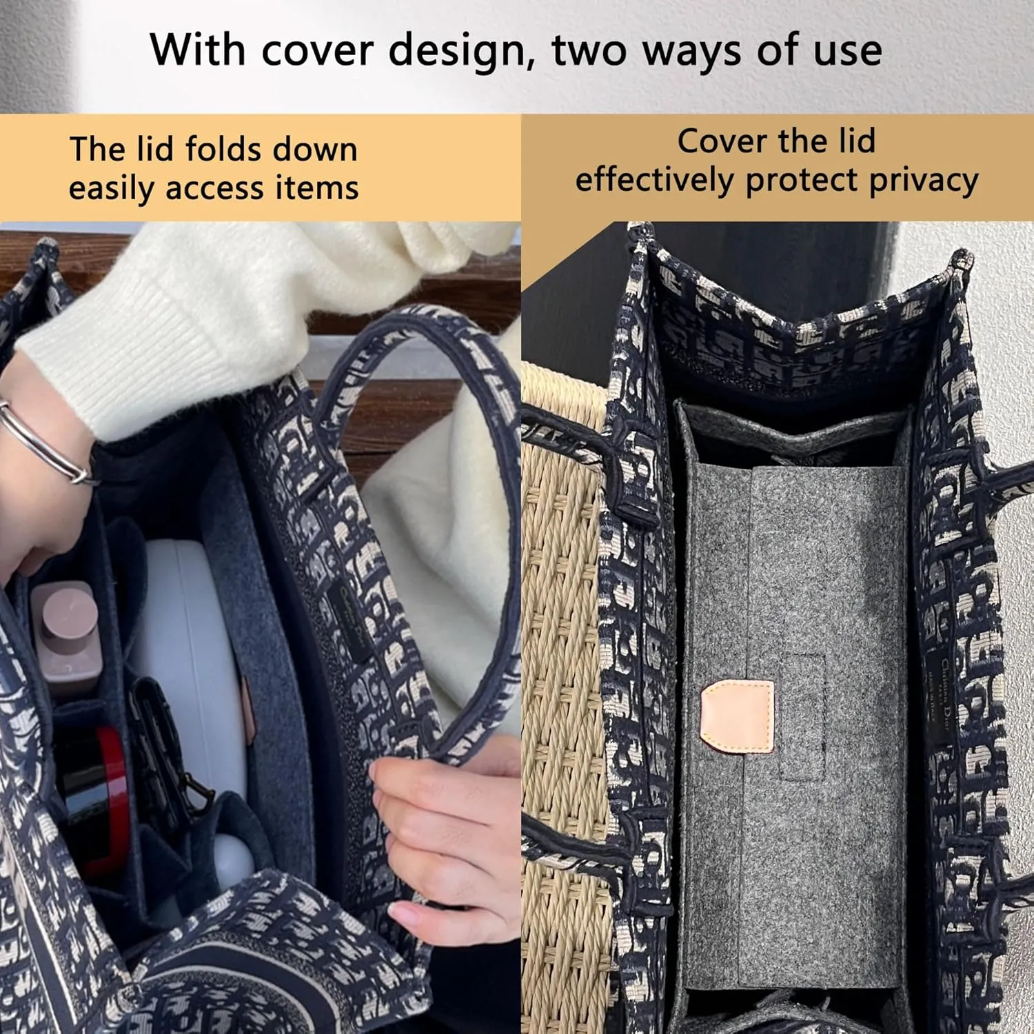 Bag Organizer Insert,Tote Bag Insert For On The Go,Neverfull organizer,Book tote Bag Insert Organizer,Handbag Storage,Tote Bag Felt Insert with Zipper Bag (Black With Cover, XL)