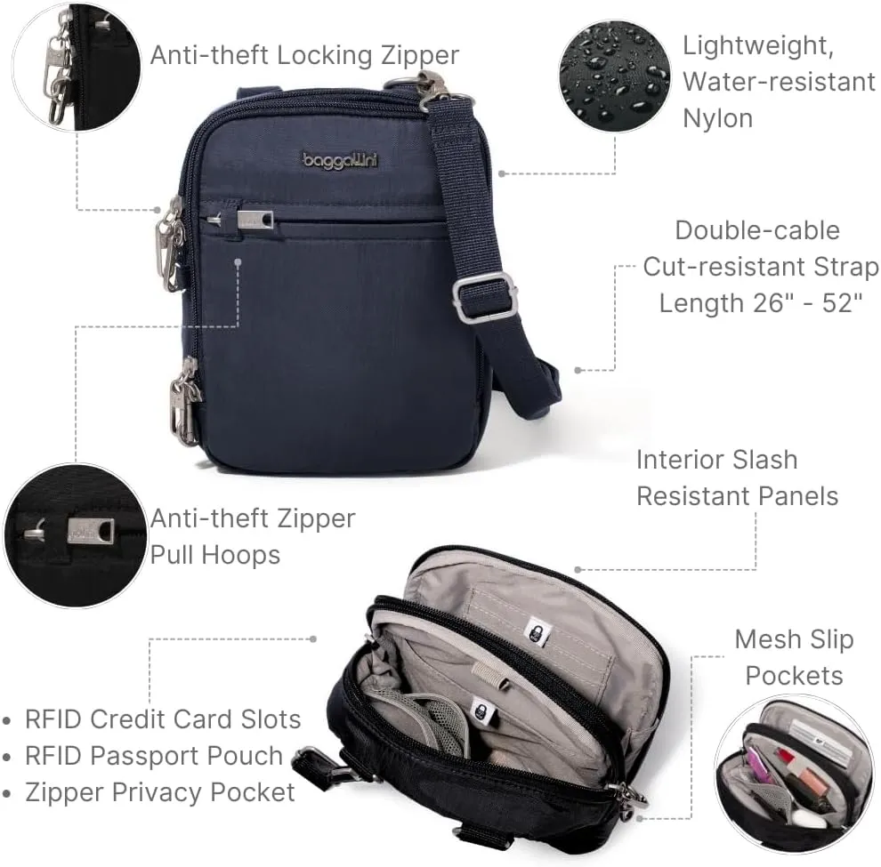 Baggallini Securtex® Anti-theft Mini Everything Crossbody Bag, 6.3"x8.25" Rfid, Locking Zippers & Cut-resistant Strap