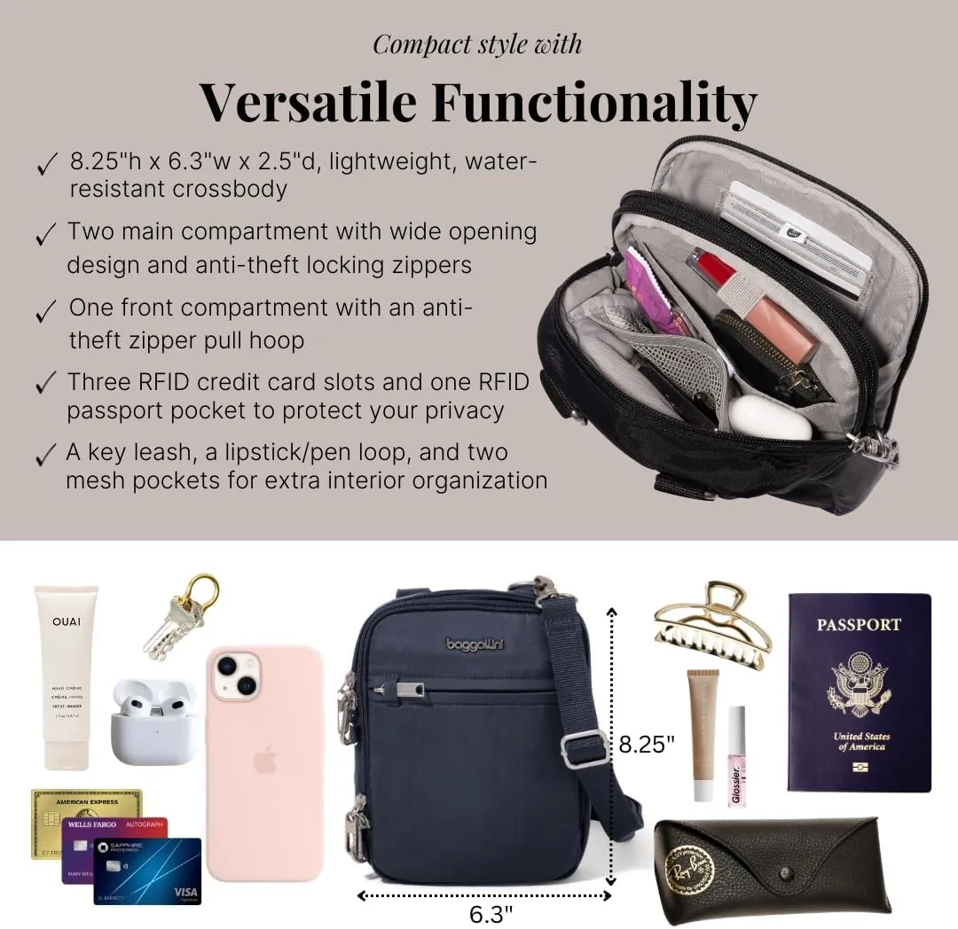 Baggallini Securtex® Anti-theft Mini Everything Crossbody Bag, 6.3"x8.25" Rfid, Locking Zippers & Cut-resistant Strap
