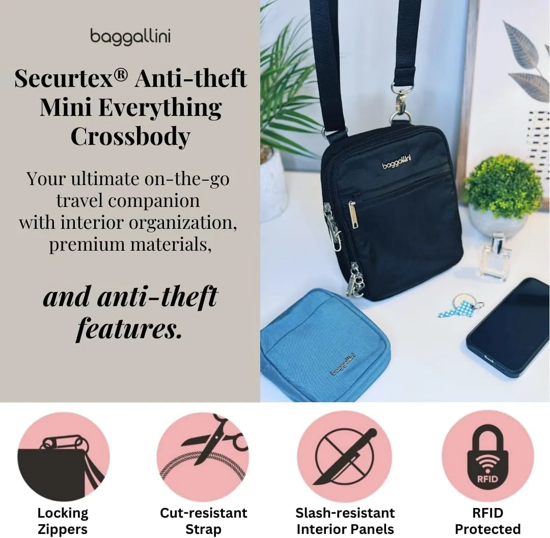 Baggallini Securtex® Anti-theft Mini Everything Crossbody Bag, 6.3"x8.25" Rfid, Locking Zippers & Cut-resistant Strap
