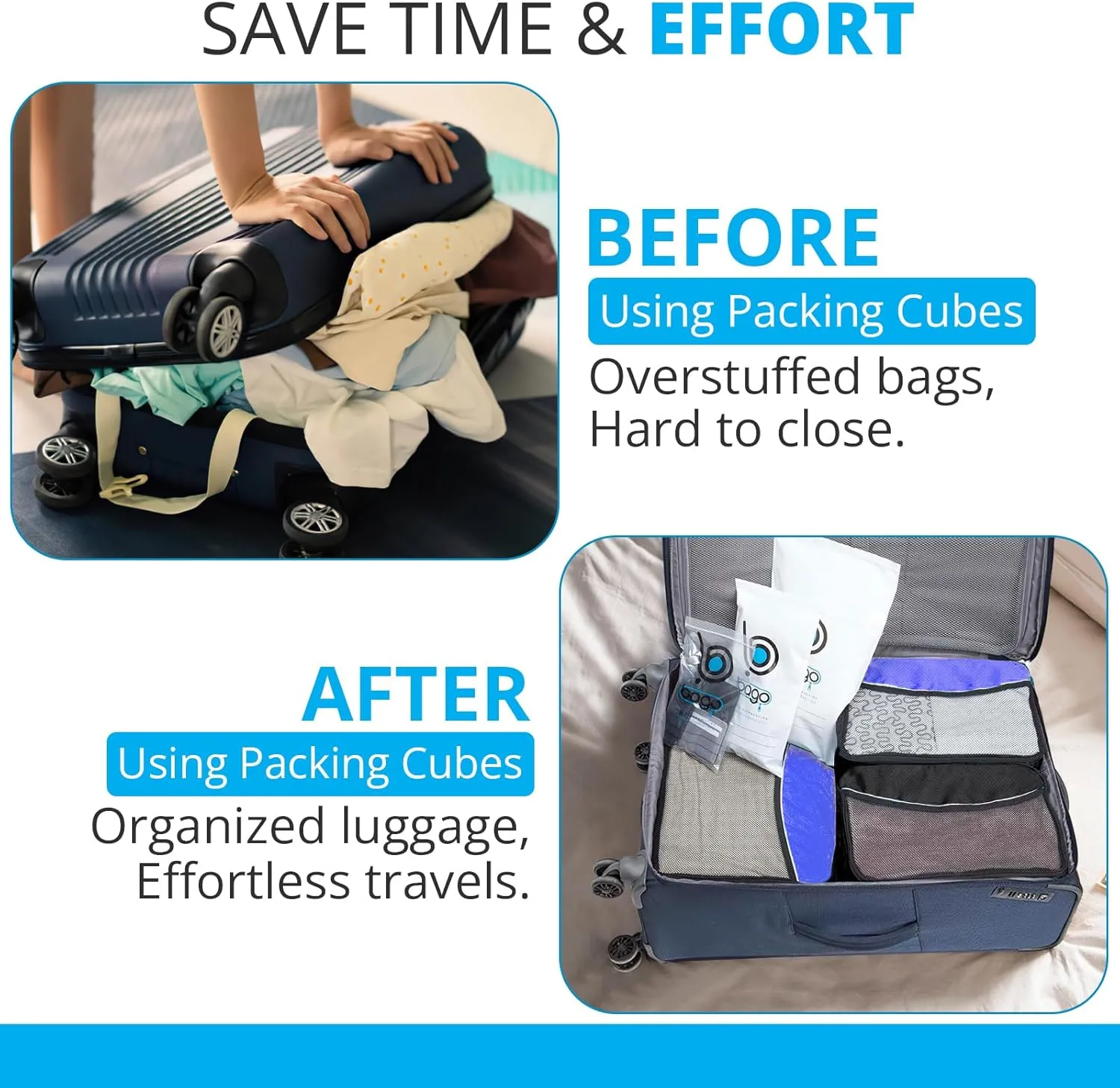 bago 7 Pcs Packing Cubes for Suitcases - 4 Travel Cubes with 3 ZipLock Bags - Luggage Organizer Bags to Get Maximum Storage, Save Time & Effort to Pack - Happy Traveling (Deep Blue)