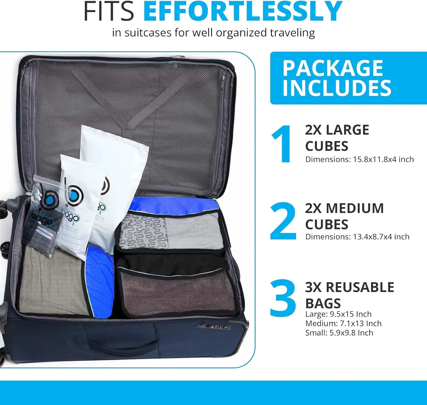 bago 7 Pcs Packing Cubes for Suitcases - 4 Travel Cubes with 3 ZipLock Bags - Luggage Organizer Bags to Get Maximum Storage, Save Time & Effort to Pack - Happy Traveling (Deep Blue)