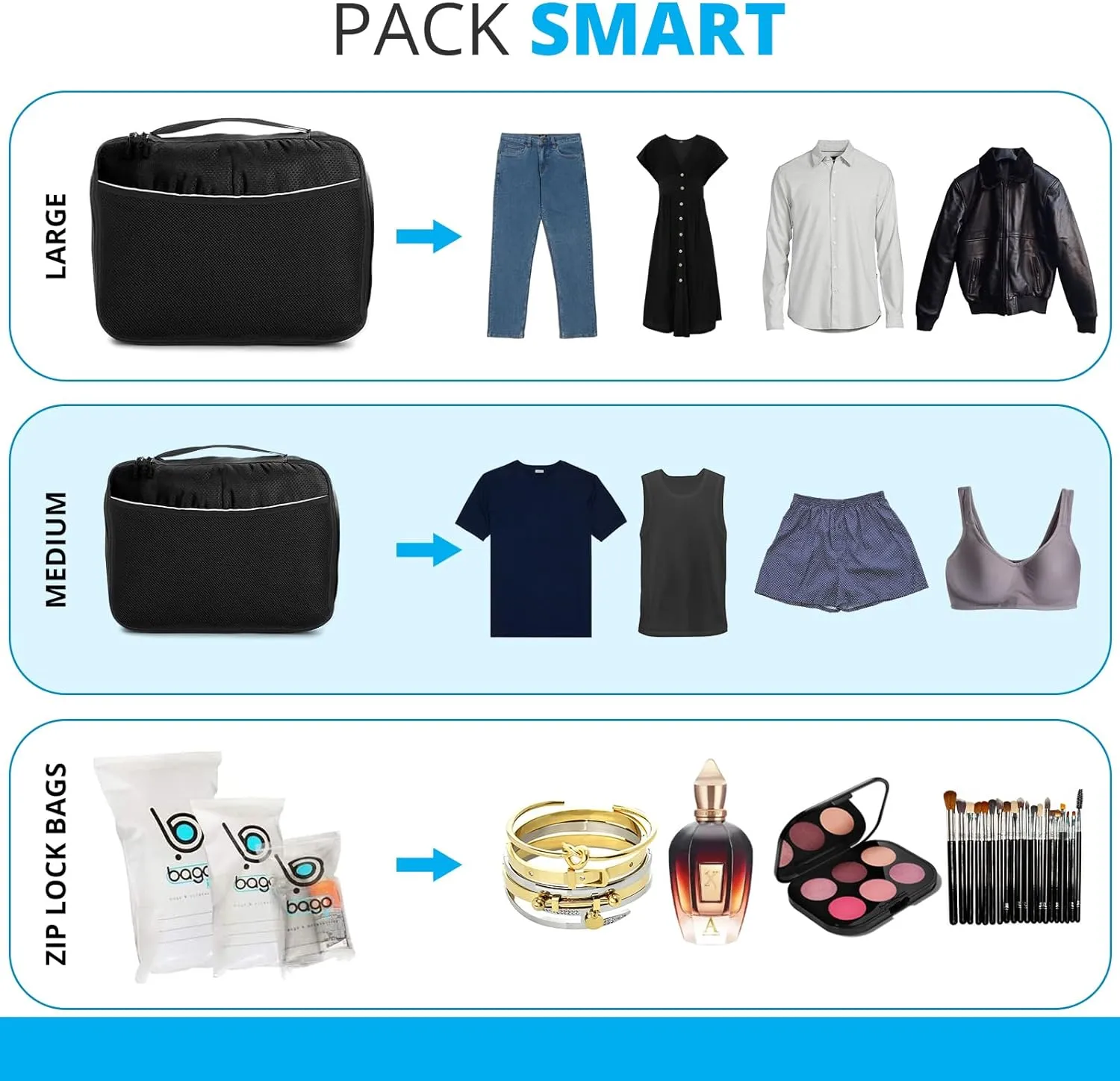 bago 7 Pcs Packing Cubes for Travel - 4 Travel Packing Cubes for Suitcases with 3 ZipLock Bags - Luggage Organizer Bags to Get Maximum Storage, Save Time & Effort to Pack (Black)