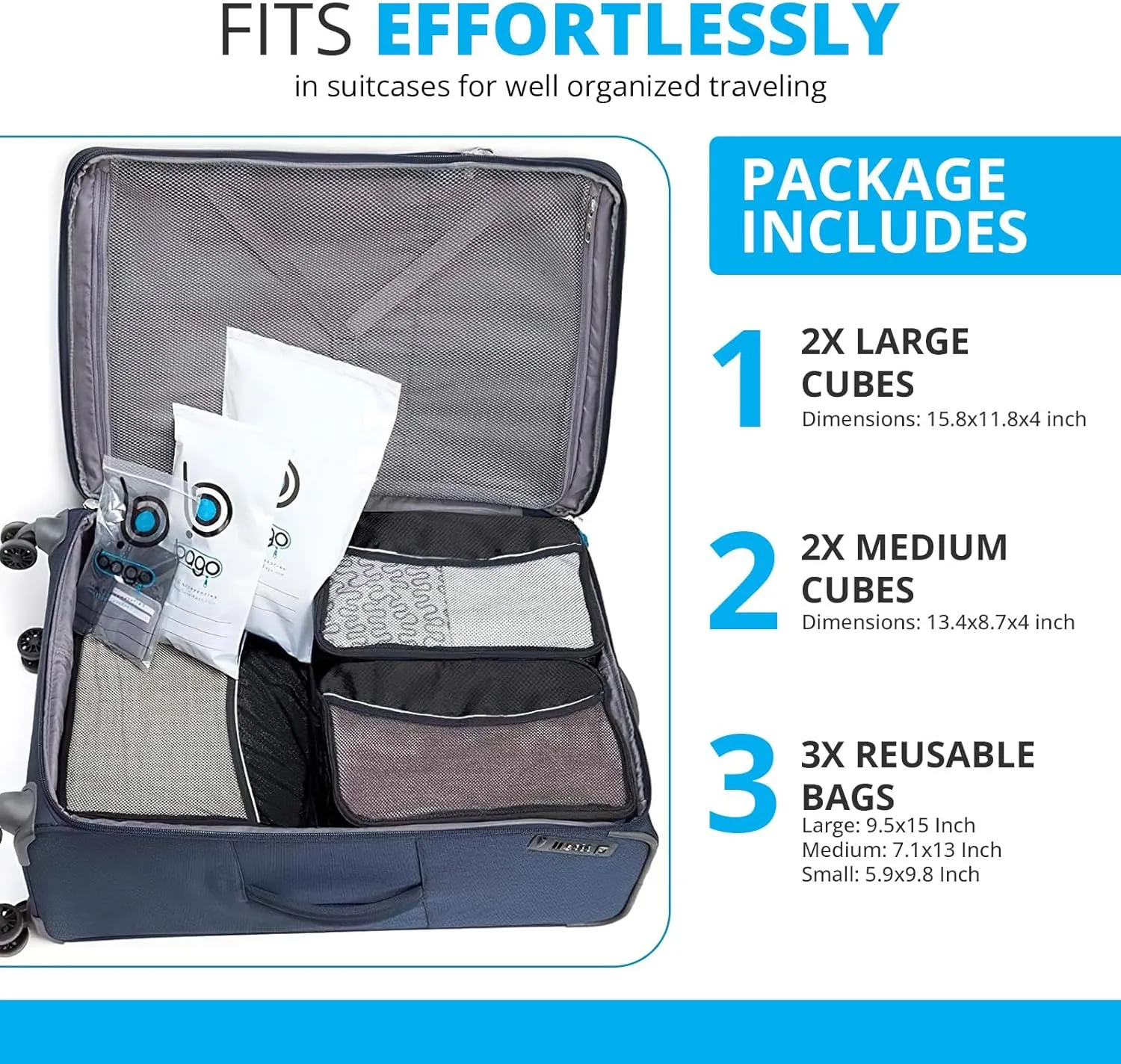 bago 7 Pcs Packing Cubes for Travel - 4 Travel Packing Cubes for Suitcases with 3 ZipLock Bags - Luggage Organizer Bags to Get Maximum Storage, Save Time & Effort to Pack (Black)
