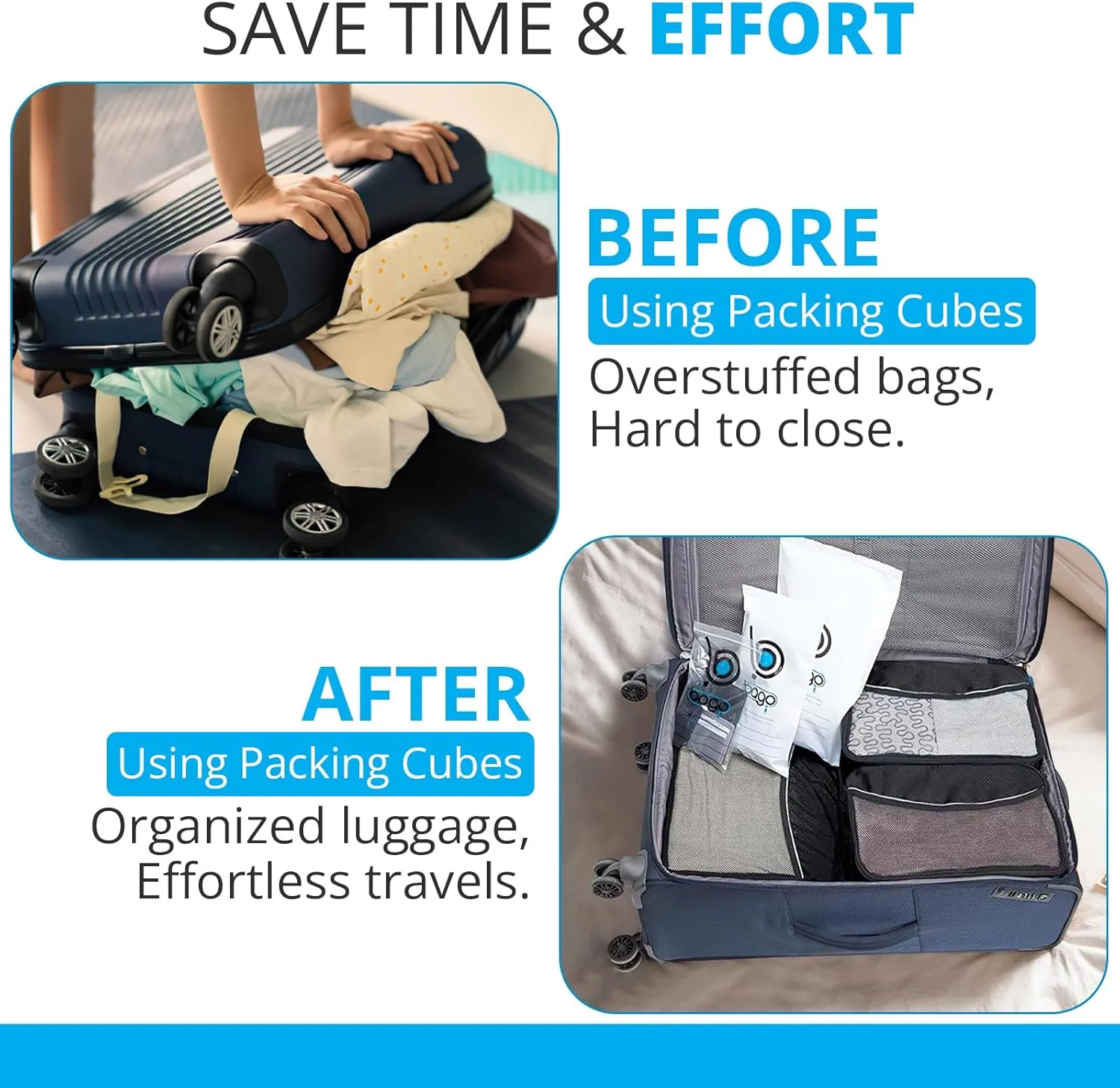 bago 7 Pcs Packing Cubes for Travel - 4 Travel Packing Cubes for Suitcases with 3 ZipLock Bags - Luggage Organizer Bags to Get Maximum Storage, Save Time & Effort to Pack (Black)