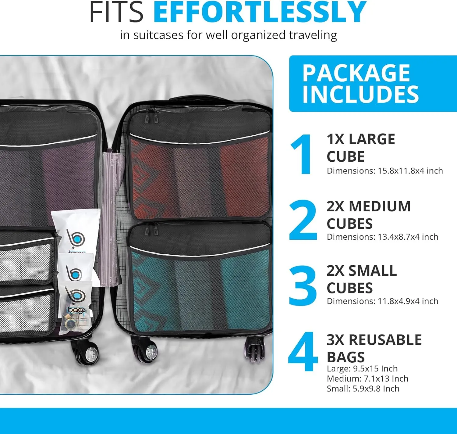 bago 8 Pcs Packing Cubes for Travel - 5 Travel Packing Cubes for Suitcases with 3 ZipLock Bags, Luggage Organizer Bags to Get Maximum Storage, Save Time & Effort to Pack (Black Blue Purple Green Pink)