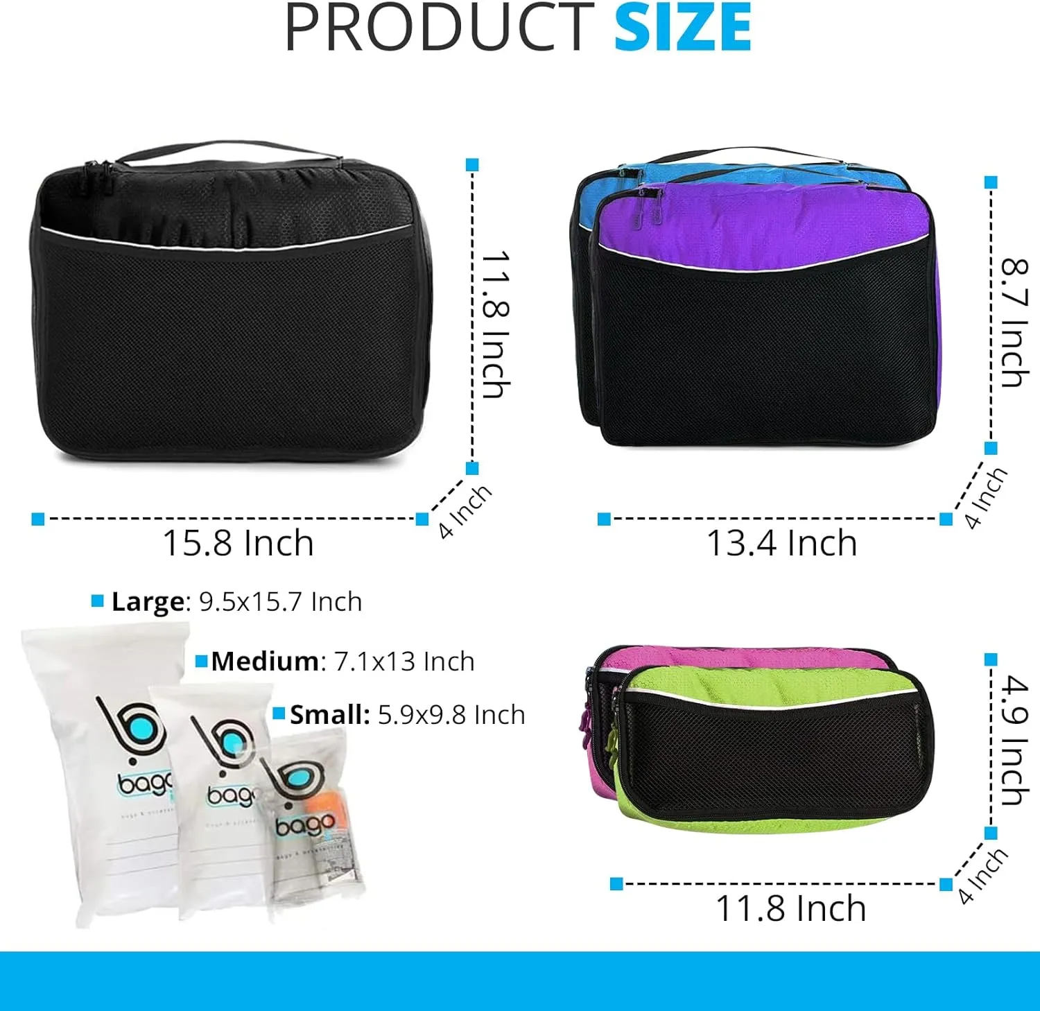 bago 8 Pcs Packing Cubes for Travel - 5 Travel Packing Cubes for Suitcases with 3 ZipLock Bags, Luggage Organizer Bags to Get Maximum Storage, Save Time & Effort to Pack (Black Blue Purple Green Pink)