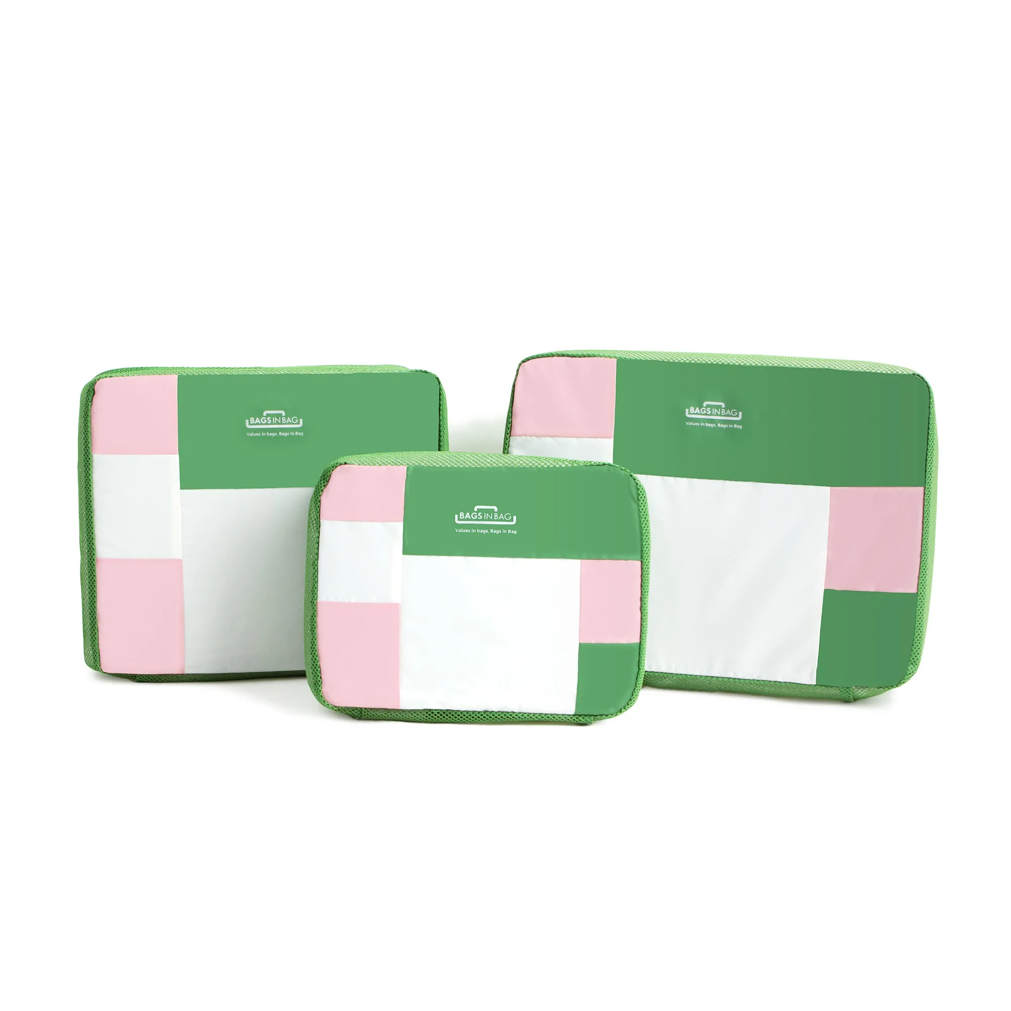 Bags in Bag Multi Size Colorful 3 Set Mesh Travel Organizer Packing Cubes | Green Pink White