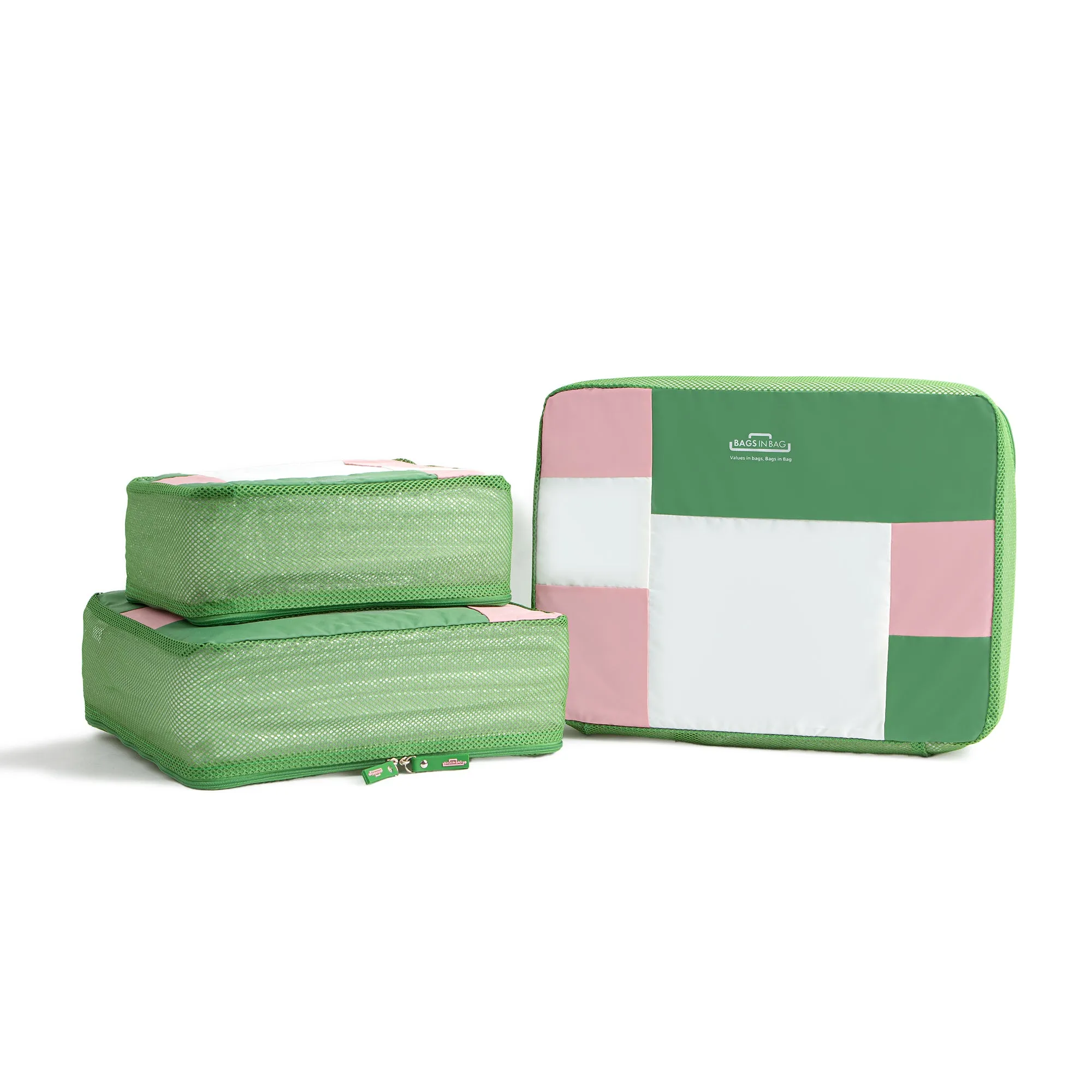 Bags in Bag Multi Size Colorful 3 Set Mesh Travel Organizer Packing Cubes | Green Pink White