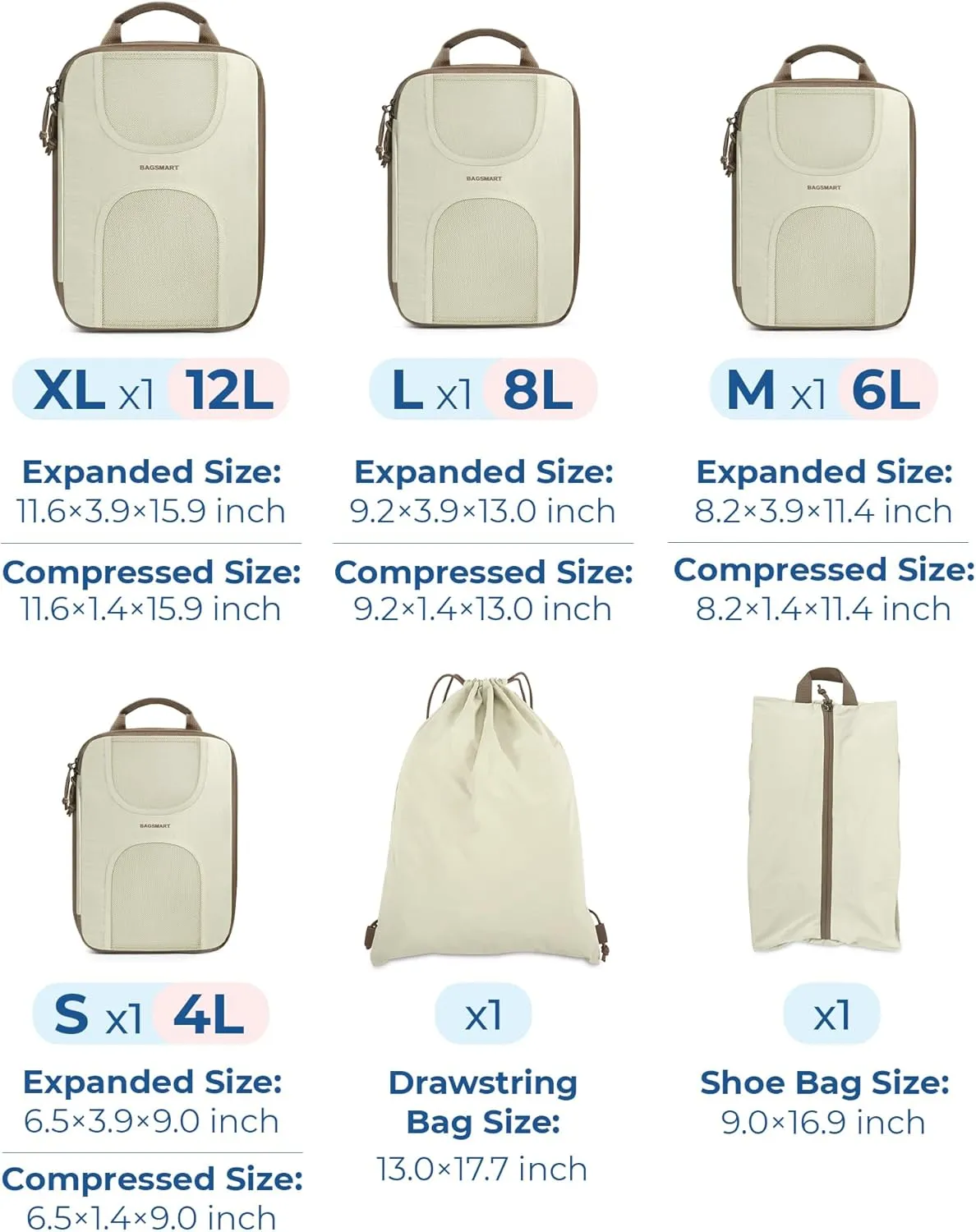 BAGSMART 6 Set Packing Cubes for Suitcases, Lightweight Suitcase Organizers & Compression Travel Cubes