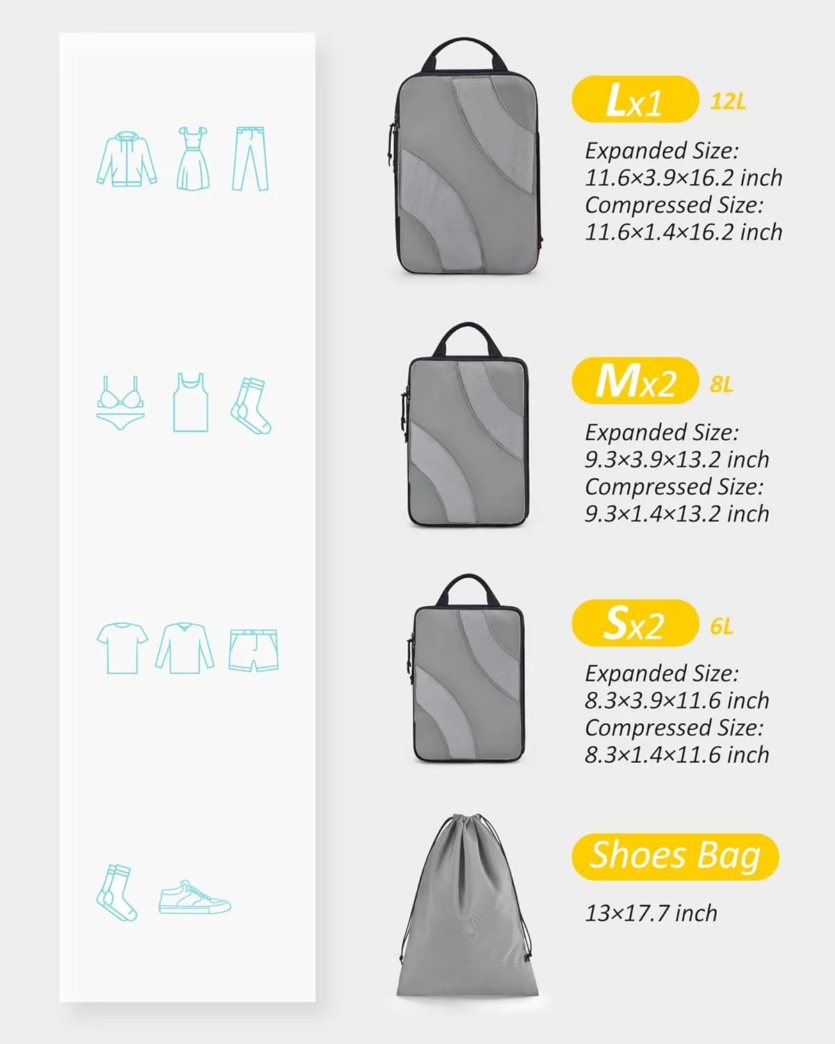BAGSMART Compression Packing Cubes, 6 Set/4 Set/2 Set Travel Packing Cubes for Carry on Suitcases, Compression Suitcase Organizers Bag Set & Travel Cubes for Luggage, Lightweight Packing Organizers