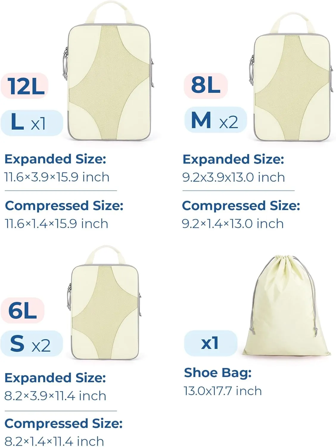 BAGSMART Compression Packing Cubes for Travel, Compressible Luggage Organizer for Cruise Ship, Lightweight Travel Essentials 6-Pack 1L 2M 2S 1Shoe Bag