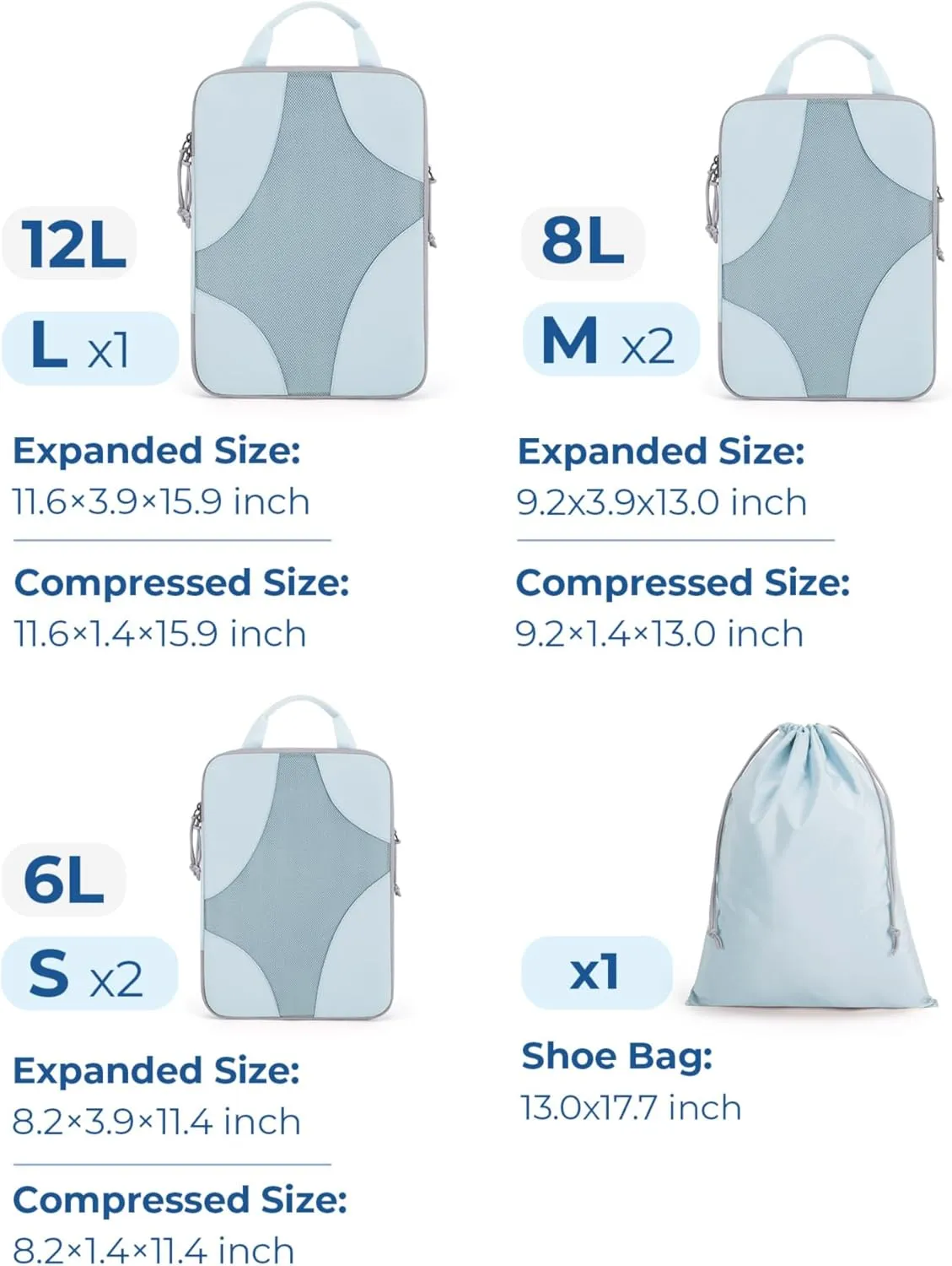 BAGSMART Compression Packing Cubes for Travel, Compressible Luggage Organizer for Cruise Ship, Lightweight Travel Essentials 6-Pack 1L 2M 2S 1Shoe Bag