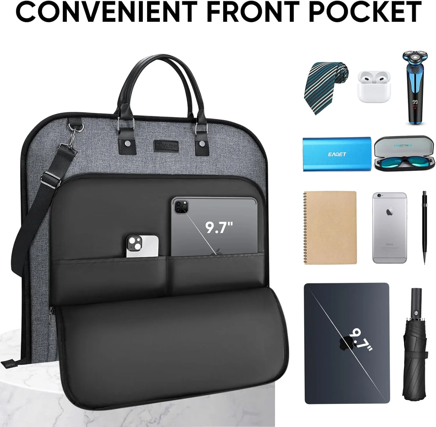 BALEINE Travel Garment Bag, Travel Suit Bag for Men, 42'' Waterproof Carry on Garment Bags for Hanging Clothes, Garment Duffel Bag for Travel Business (Grey)