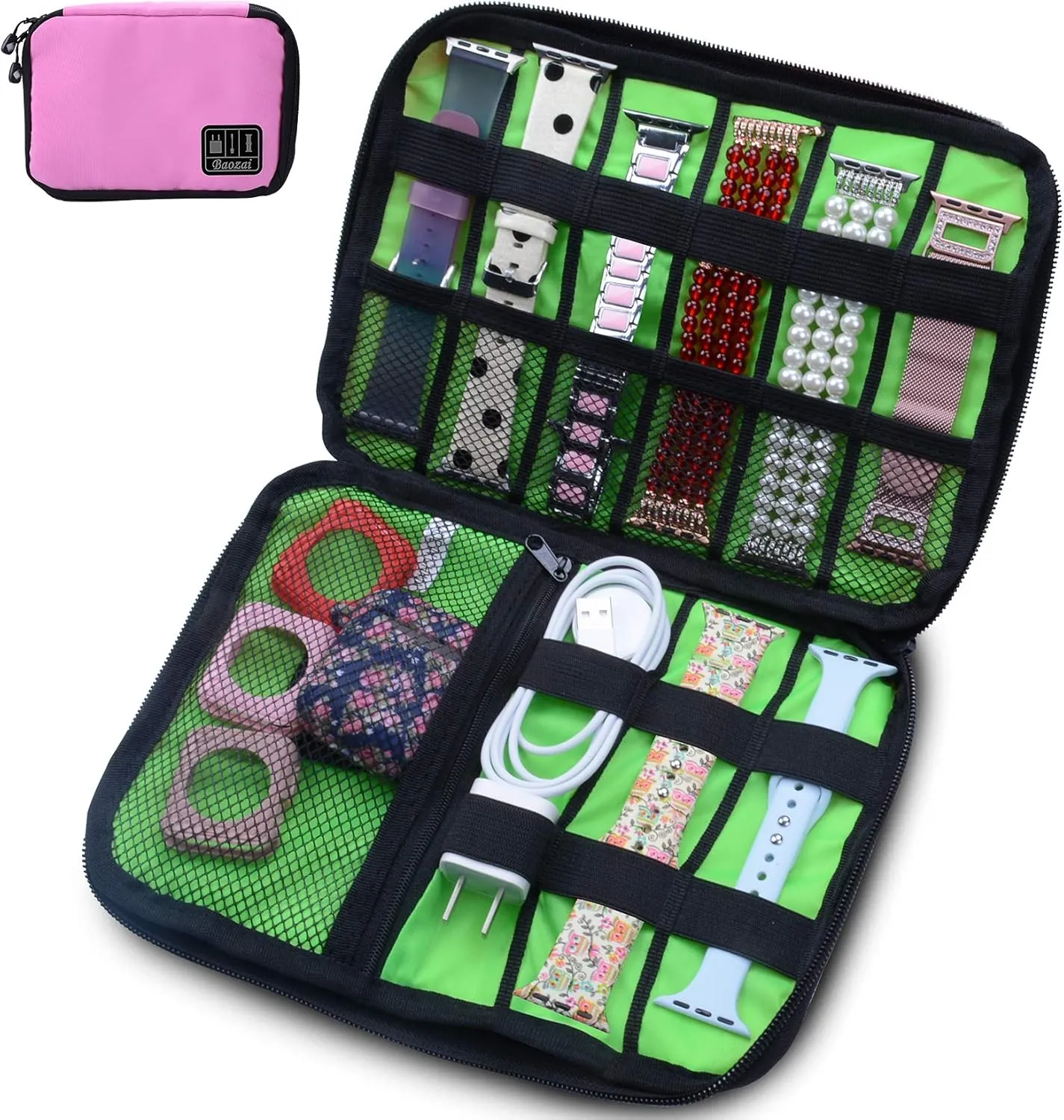 baozai Smart Watch Bands Organizer, Waterproof Portable Electronics Travel Accessories Organizer Bag for Watch Bands, Cable, Charger, Headset, SD Card, Pink