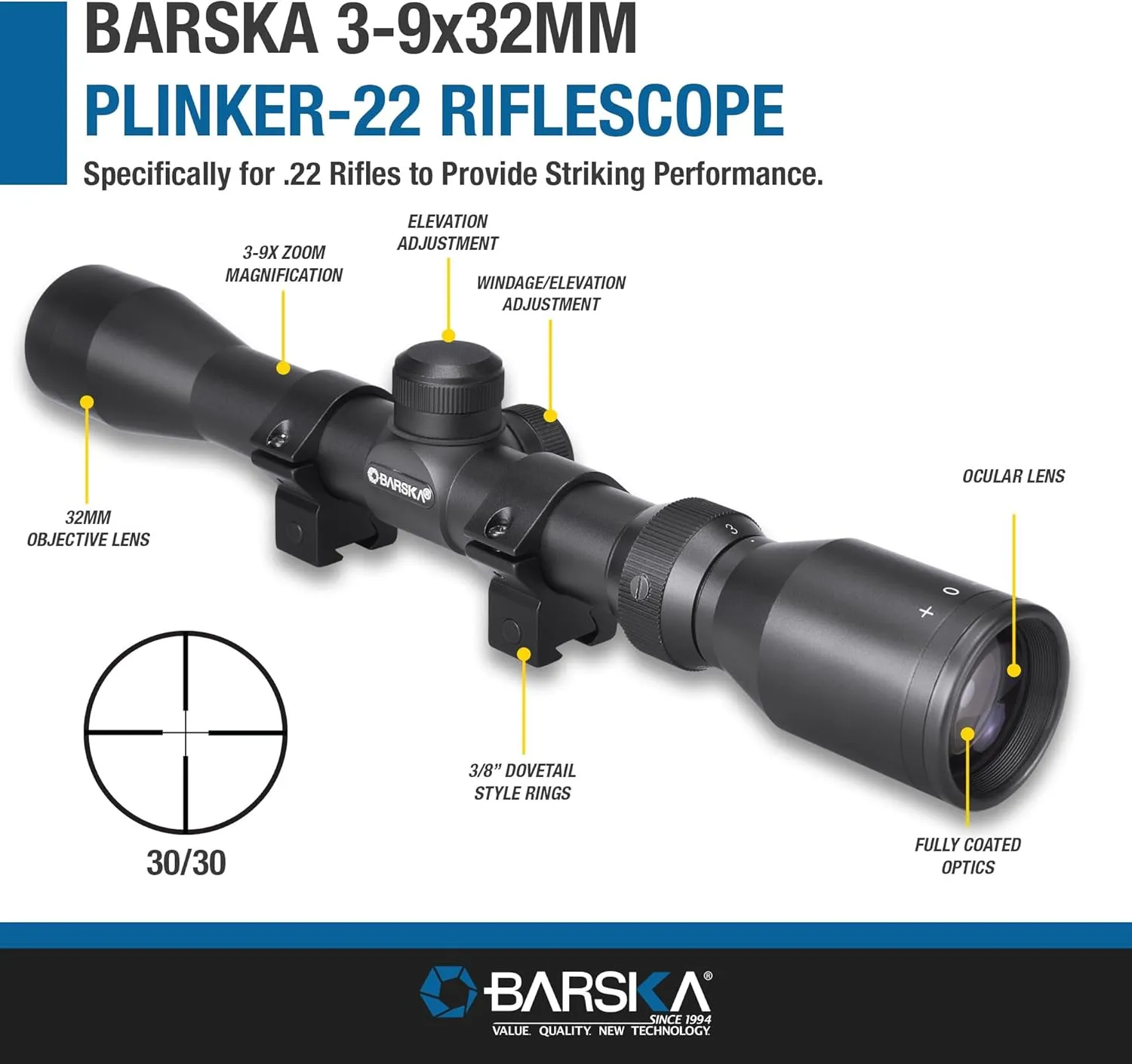 BARSKA 30/30 Crosshair Reticle Rifle Scope for .22 Plinking & Rimfire Rifles - Optimal Precision with Rings for Shooting, Hunting, Target Practice