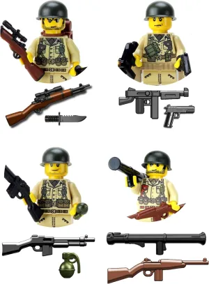 Battle Brick 1.6 Inches Tall Collectible US Army WW2 Tan Soldiers Complete Squad Custom Minifigures | Genuine Military Minifig | Printed in The USA | Great Gift for Ages 8  to Adult AFOL