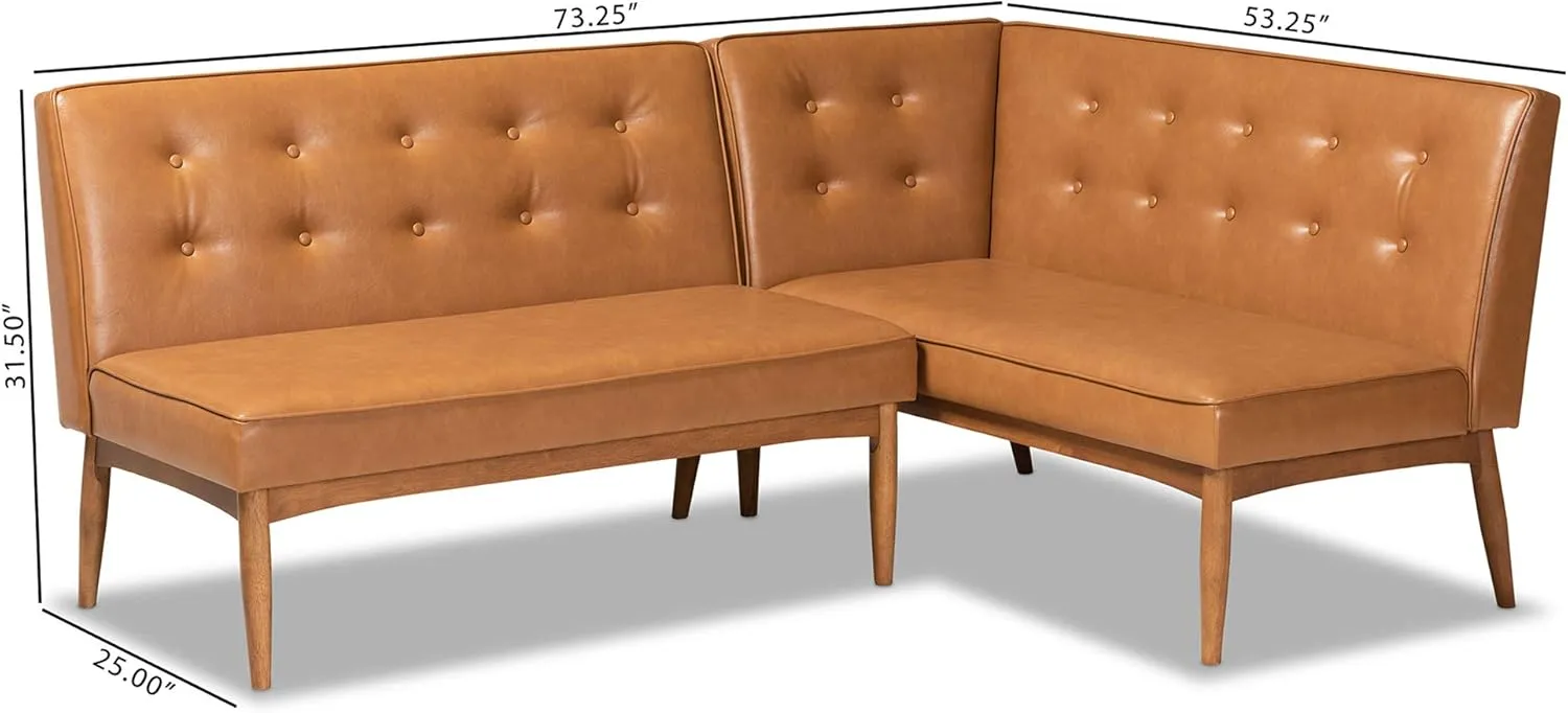 Baxton Studio Arvid Mid-Century Modern Tan Faux Leather Upholstered and Walnut Brown Finished Wood 2-Piece Dining Corner Sofa Bench