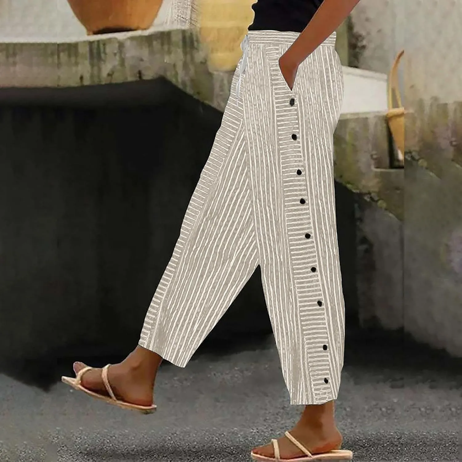 Beach Pants for Women Linen Summer Striped Plus Size High Waisted Trousers Tummy Control Comfy Pants with Pockets