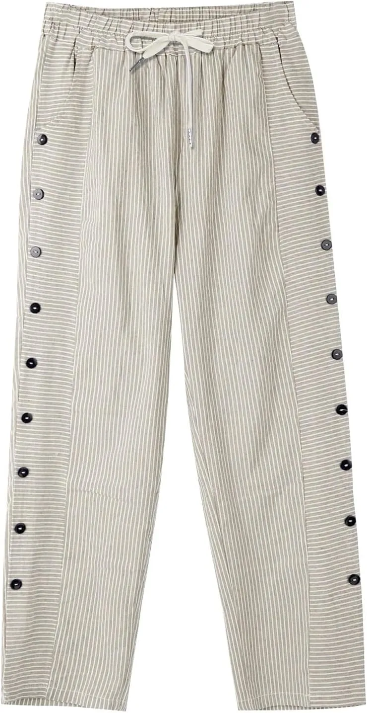 Beach Pants for Women Linen Summer Striped Plus Size High Waisted Trousers Tummy Control Comfy Pants with Pockets