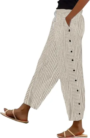 Beach Pants for Women Linen Summer Striped Plus Size High Waisted Trousers Tummy Control Comfy Pants with Pockets
