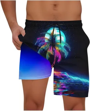 Beach Shorts for Men 2 in 1 Athletic Shorts Casual Drawstring Loose Elastic Waist Vacation Floral Print Pants