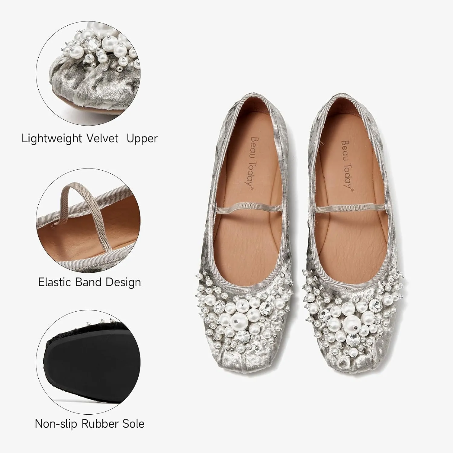 BEAU TODAY Mary Jane Shoes Women, Ballet Flats Shoes for Women, Buckle Strap Genuine Leather Flats, Comfortable Square Toe Dressy Mary Jane Flats Trendy