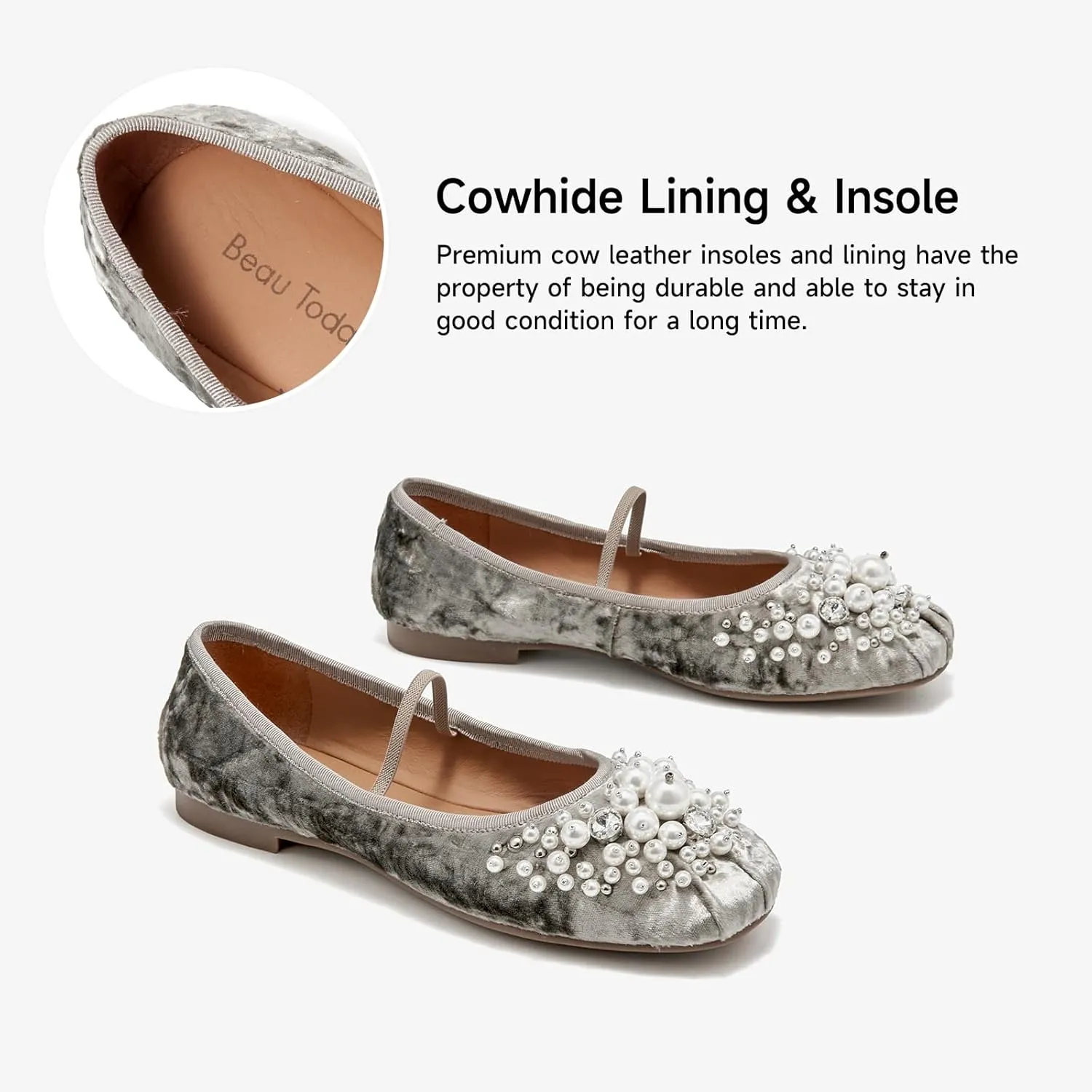 BEAU TODAY Mary Jane Shoes Women, Ballet Flats Shoes for Women, Buckle Strap Genuine Leather Flats, Comfortable Square Toe Dressy Mary Jane Flats Trendy