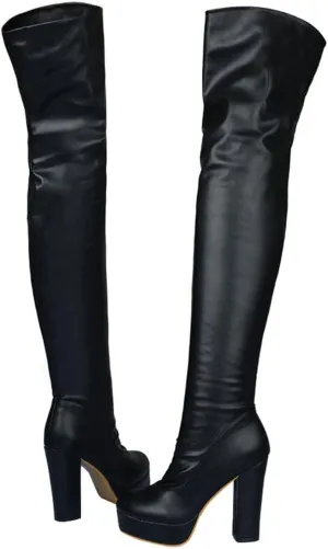 BEAUPAS Women's Chunky Heel Platform High Heel Thigh High Boots Block Heel Over The Knee Boots Round Toe Gothic Shoes