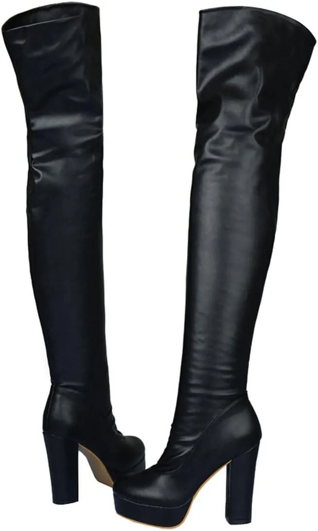BEAUPAS Women's Chunky Heel Platform High Heel Thigh High Boots Block Heel Over The Knee Boots Round Toe Gothic Shoes