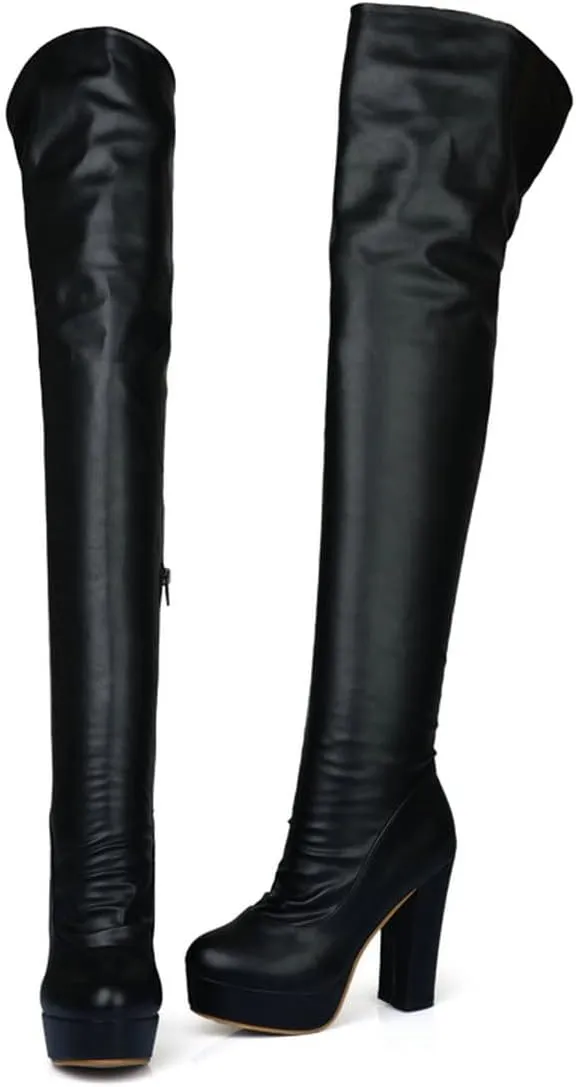 BEAUPAS Women's Chunky Heel Platform High Heel Thigh High Boots Block Heel Over The Knee Boots Round Toe Gothic Shoes