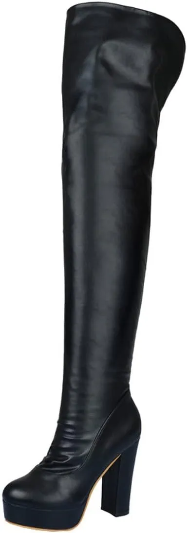 BEAUPAS Women's Chunky Heel Platform High Heel Thigh High Boots Block Heel Over The Knee Boots Round Toe Gothic Shoes