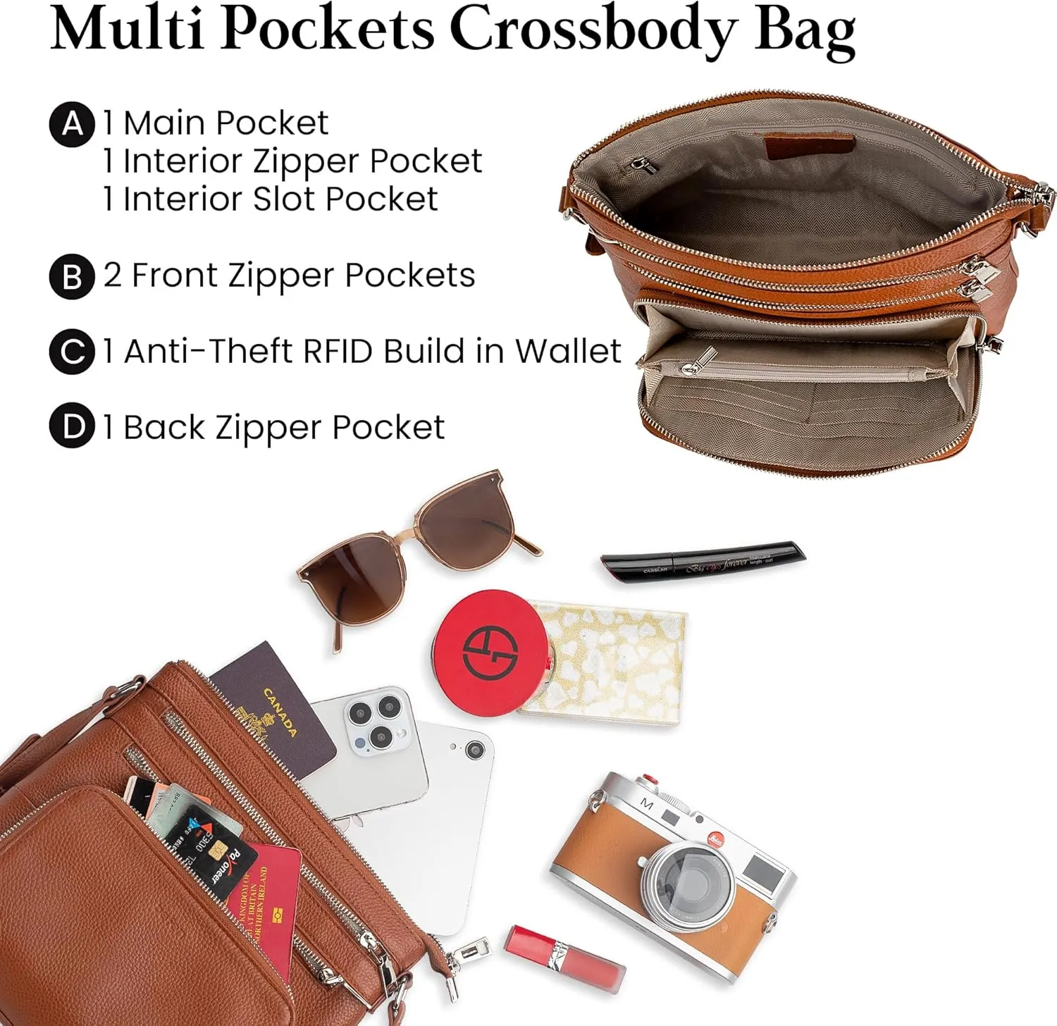 befen Genuine Leather Crossbody Bags for Women, Lightweight Medium Anti-Theft Shoulder Purse with Built in RFID Wallet