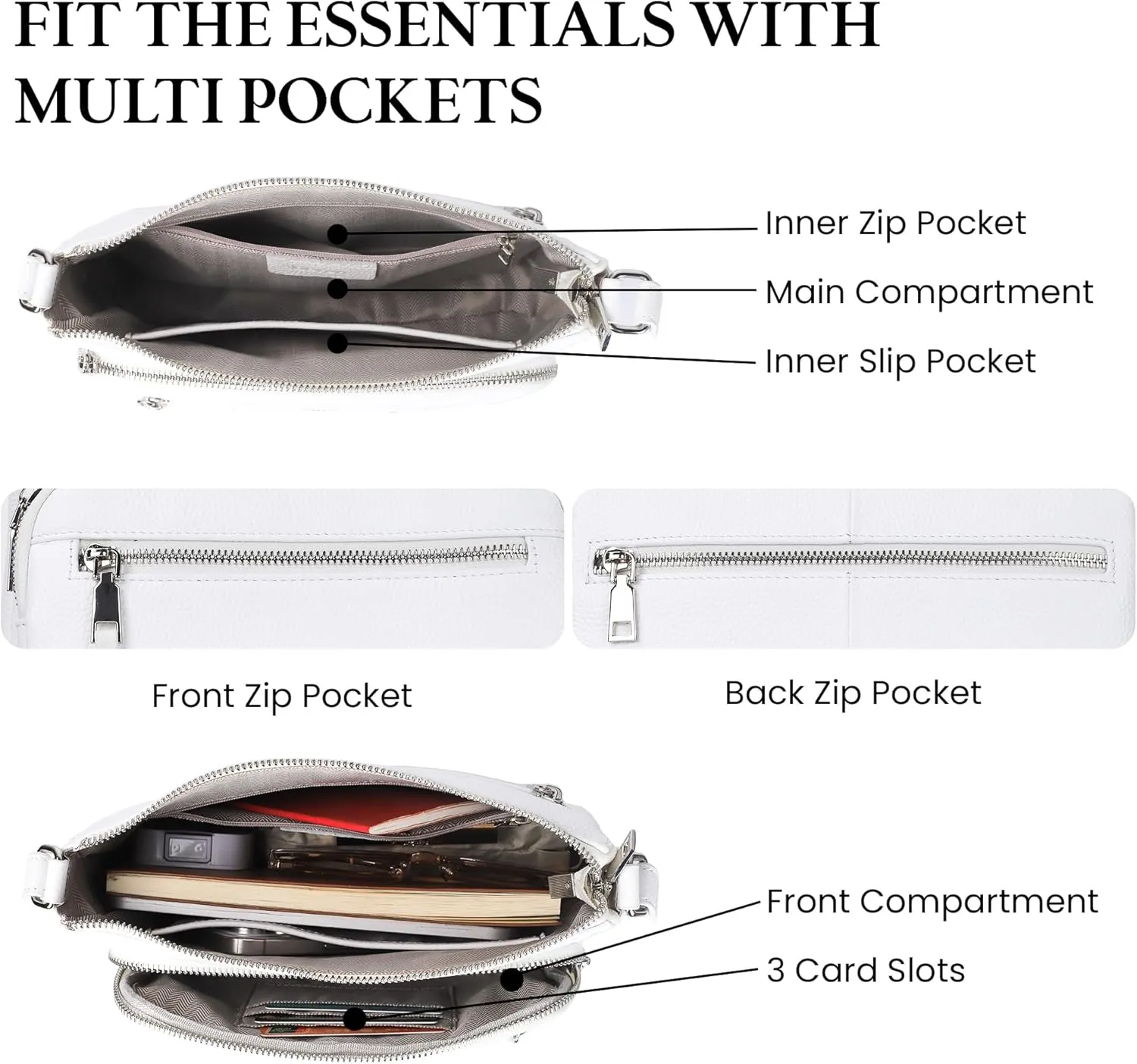 befen Genuine Leather Crossbody Bags for Women Medium Size RFID Blocking Leather Purse for Women with Multi Zip Pockets